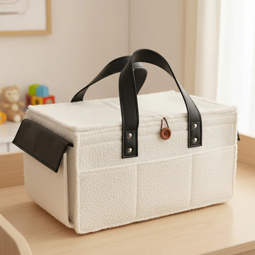 Caddy Bag XL Size with Lid and Zipper Pockets | White Color with Black Handles