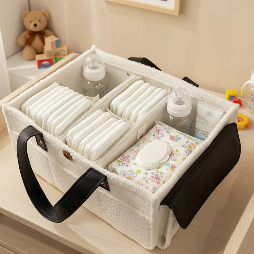 Caddy Bag XL Size with Lid and Zipper Pockets | White Color with Black Handles