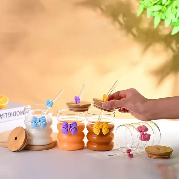 GLASSLUX BAMBOO LID BOW GLASS STRAW CUP - 530ML