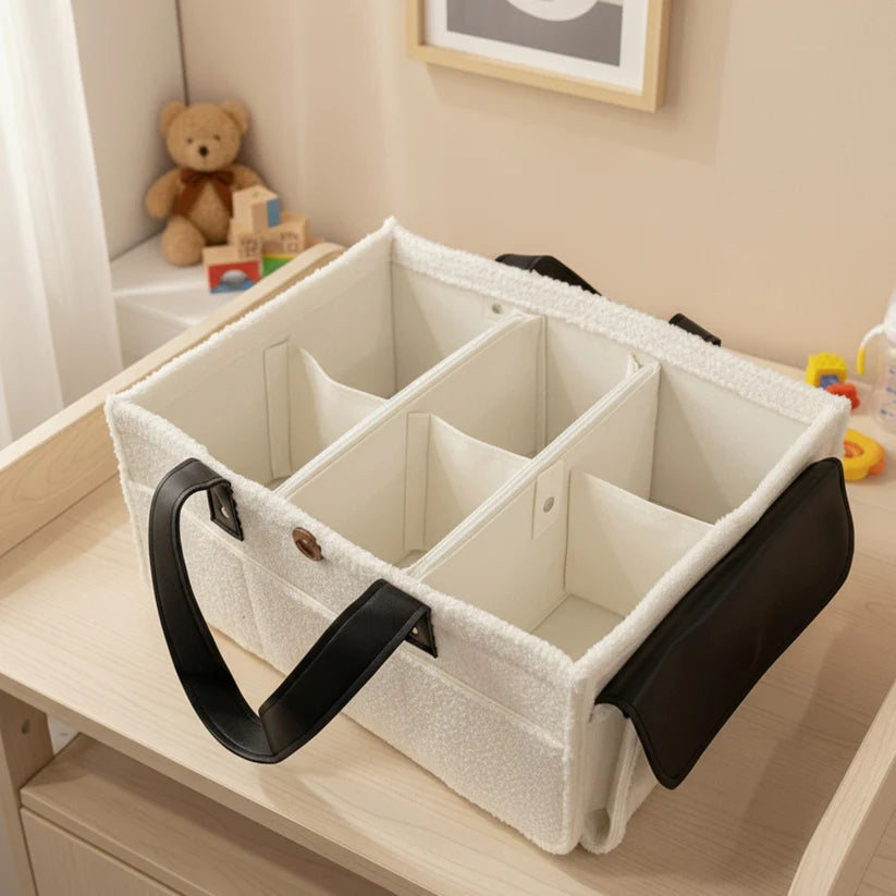 Caddy Bag XL Size with Lid and Zipper Pockets | White Color with Black Handles