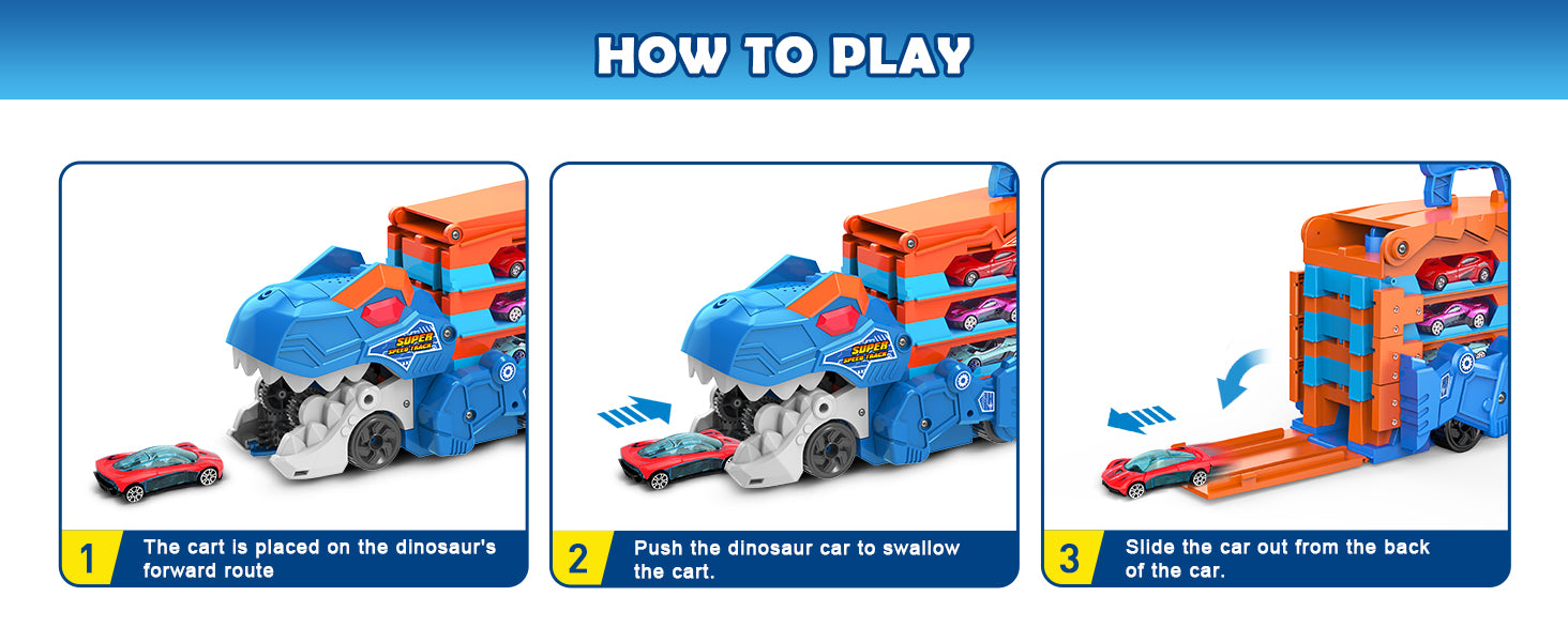 2-in-1 Foldable Dinosaur Truck With 2Pcs Cars and Racing Track