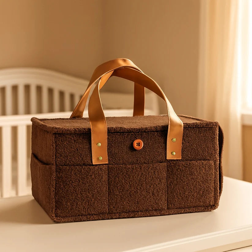Diaper Caddy Bag XL Size with Lid and Zipper Pockets | Brown Color with Dark Brown Handles