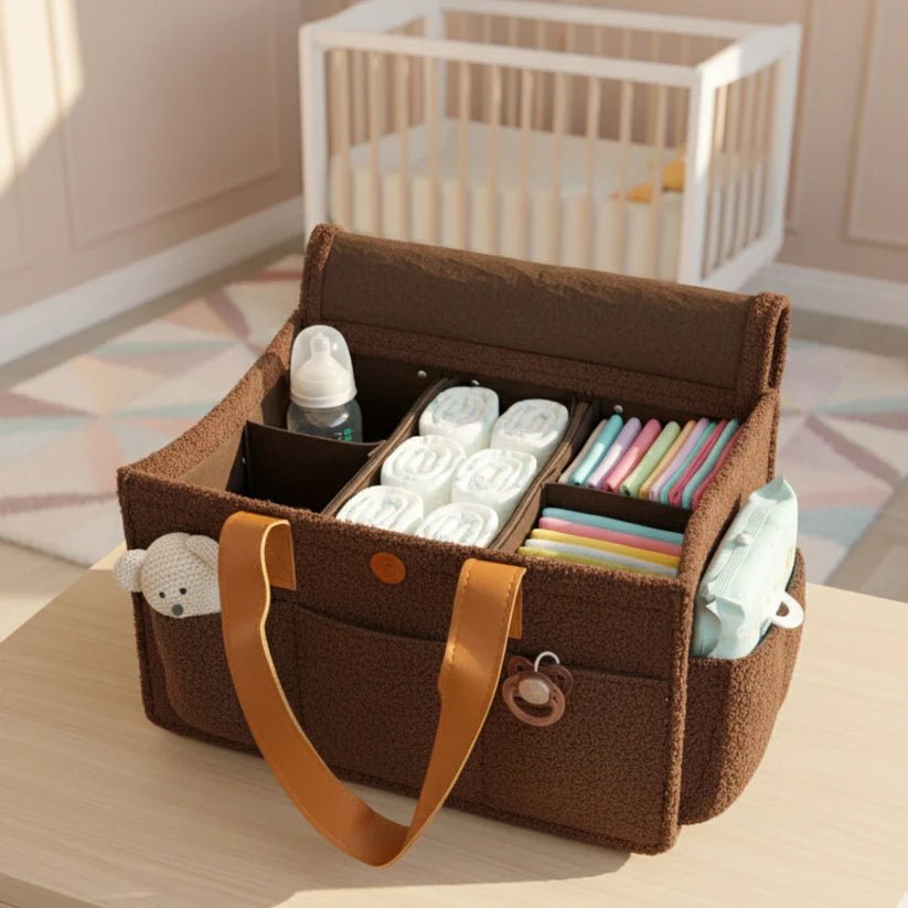 Diaper Caddy Bag XL Size with Lid and Zipper Pockets | Brown Color with Dark Brown Handles