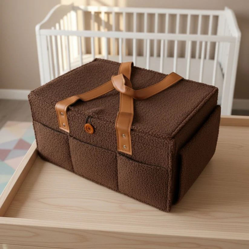 Diaper Caddy Bag XL Size with Lid and Zipper Pockets | Brown Color with Dark Brown Handles