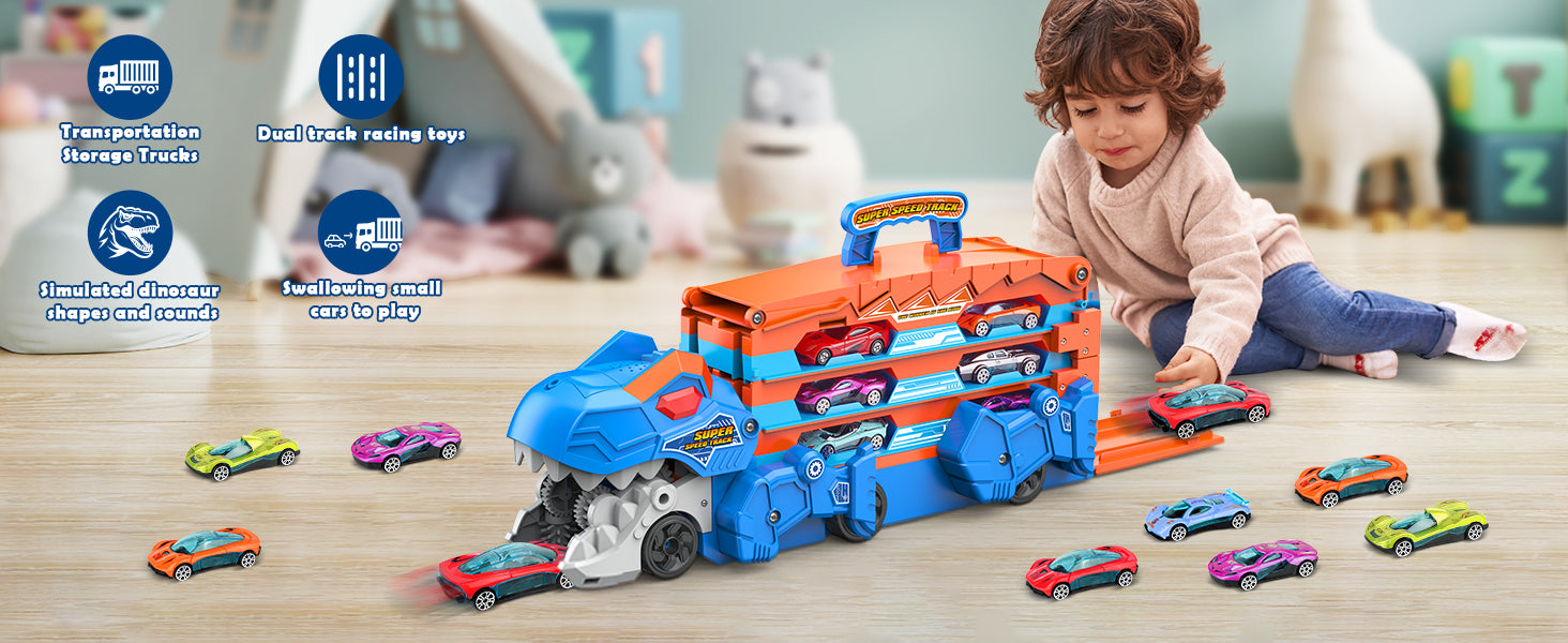 2-in-1 Foldable Dinosaur Truck With 2Pcs Cars and Racing Track