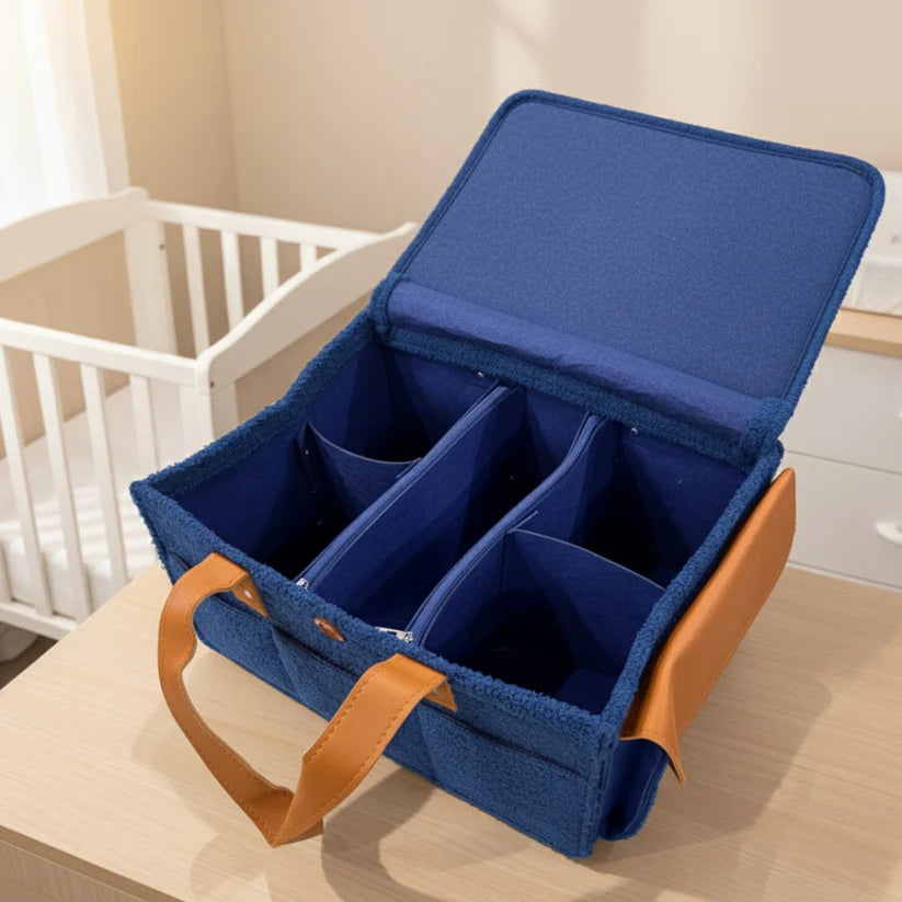 Diaper Caddy Bag XL Size with Lid and Zipper Pockets | Royal Blue Color with Light Brown Handles