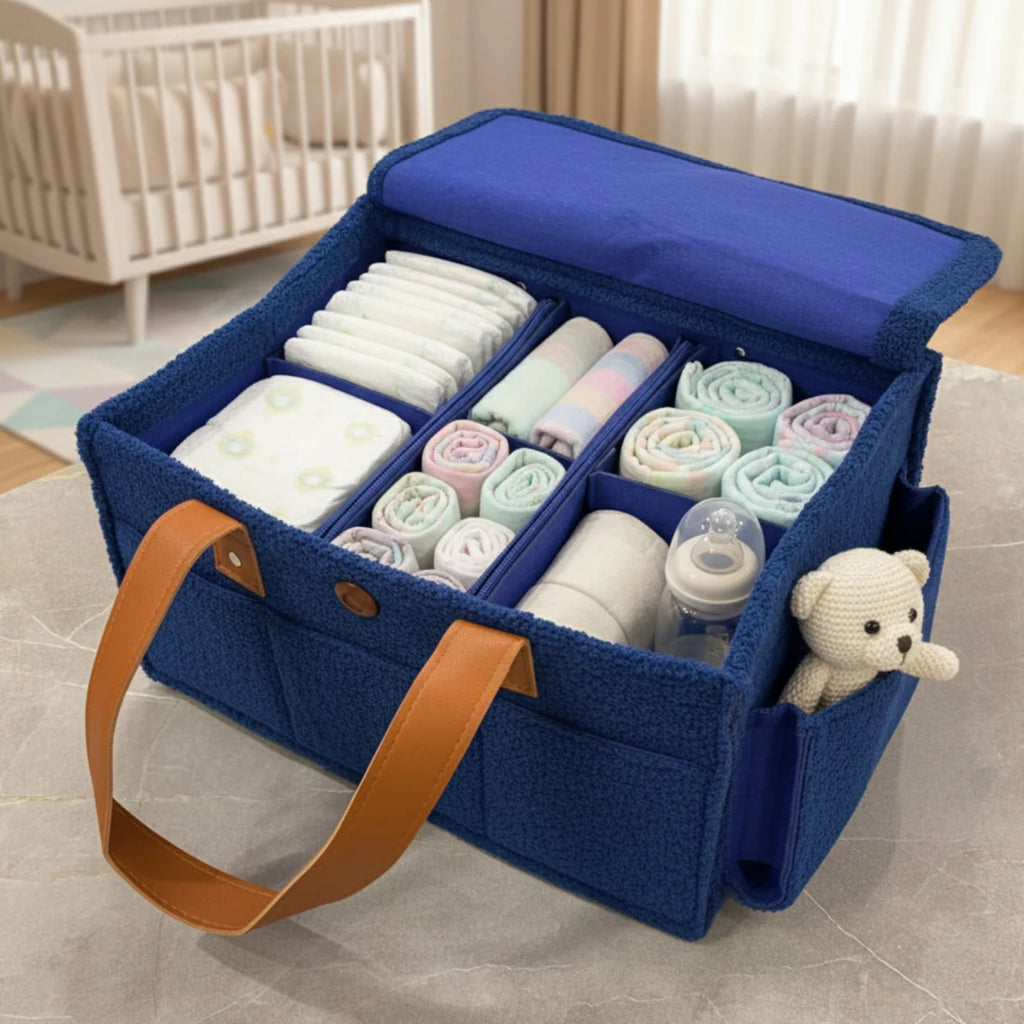Diaper Caddy Bag XL Size with Lid and Zipper Pockets | Royal Blue Color with Light Brown Handles