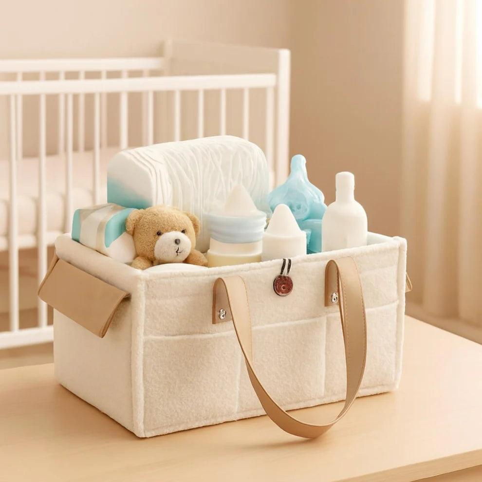 Diaper Caddy Bag XL Size with Lid and Zipper Pockets | White Color with Skin White Handles and Zips