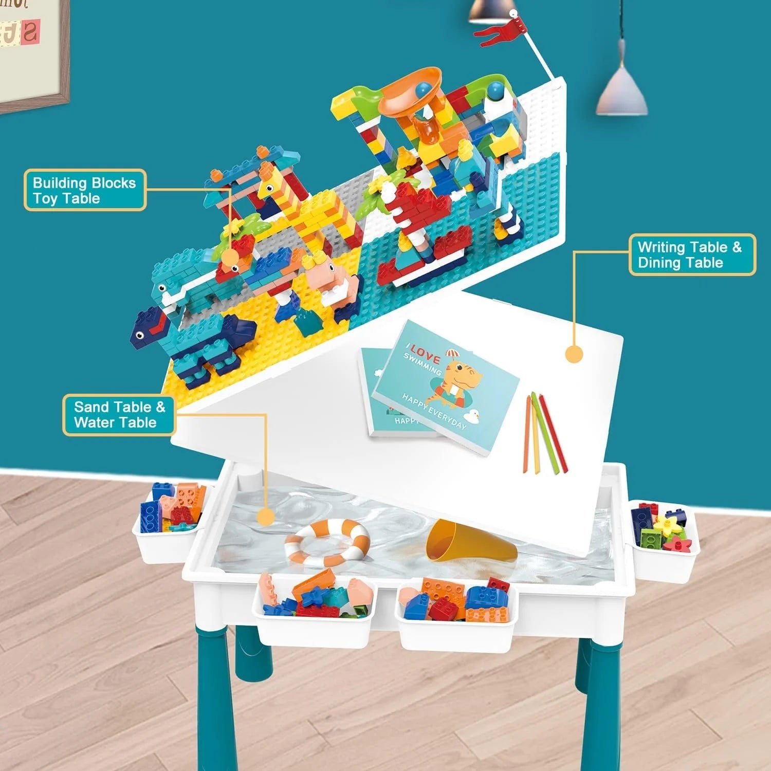 Kids Building Blocks Table with Chair & Learning Station