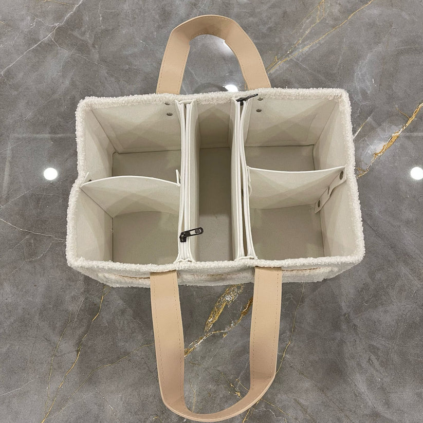 Diaper Caddy Bag XL Size with Lid and Zipper Pockets | White Color with Skin White Handles and Zips