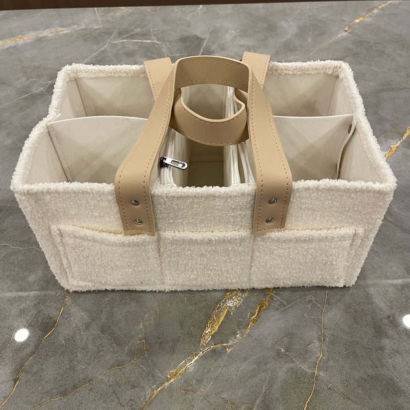 Diaper Caddy Bag XL Size with Lid and Zipper Pockets | White Color with Skin White Handles and Zips