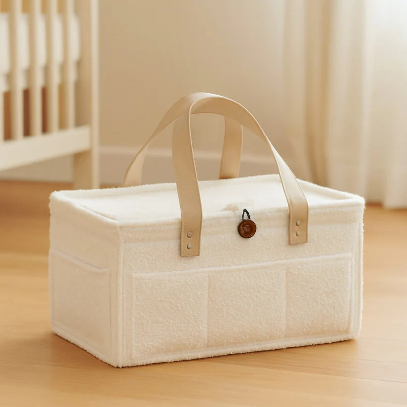 Diaper Caddy Bag XL Size with Lid and Zipper Pockets | White Color with Skin White Handles and Zips