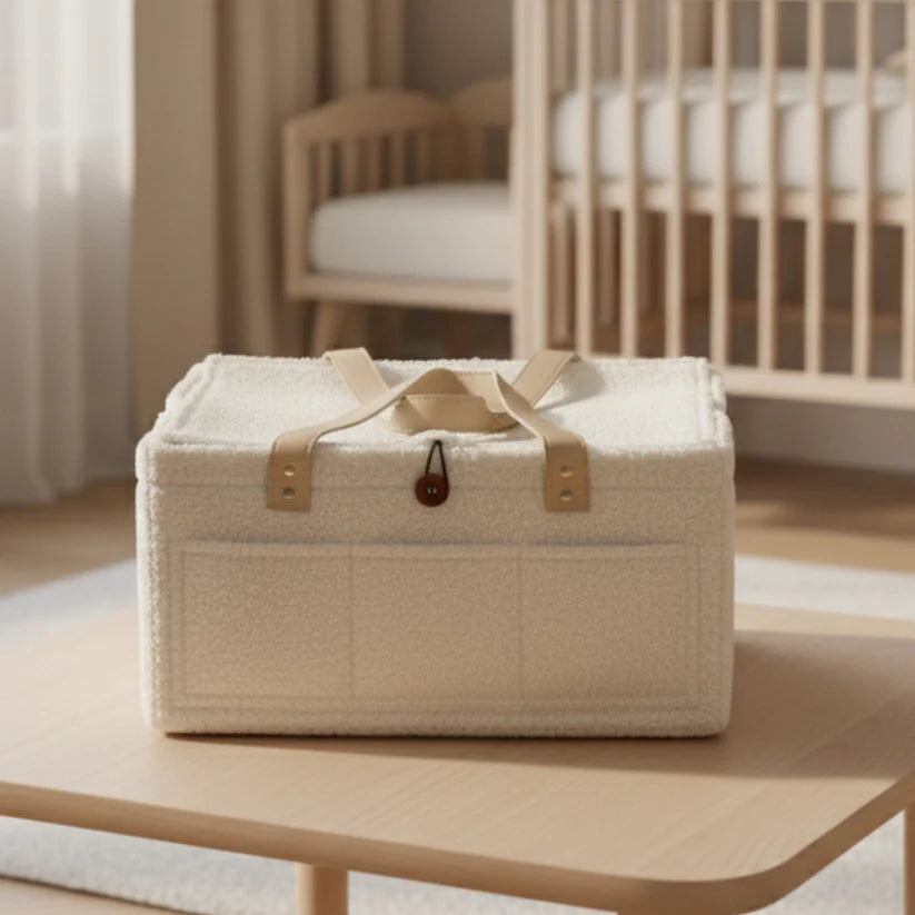 Diaper Caddy Bag XL Size with Lid and Zipper Pockets | White Color with Skin White Handles and Zips