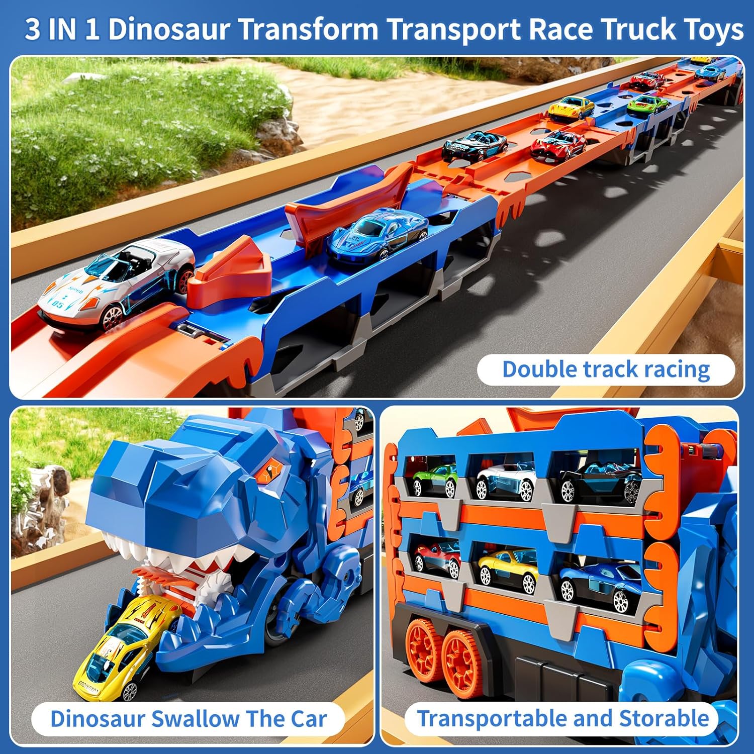 2-in-1 Foldable Dinosaur Truck With 2Pcs Cars and Racing Track