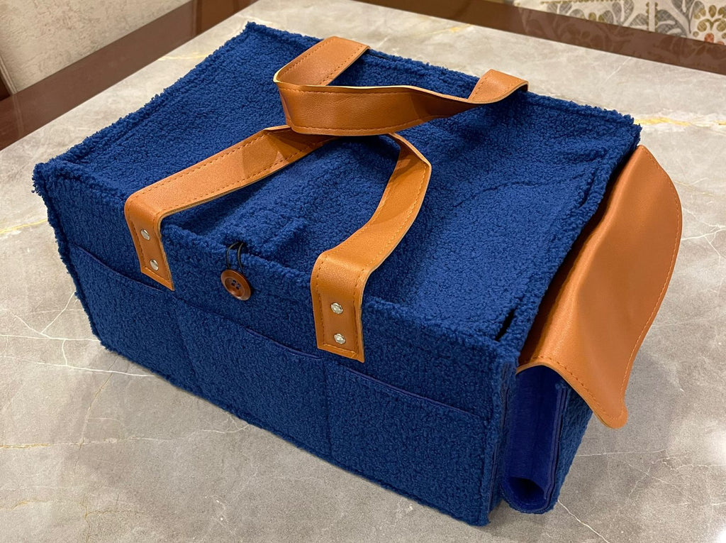 Diaper Caddy Bag XL Size with Lid and Zipper Pockets | Royal Blue Color with Light Brown Handles