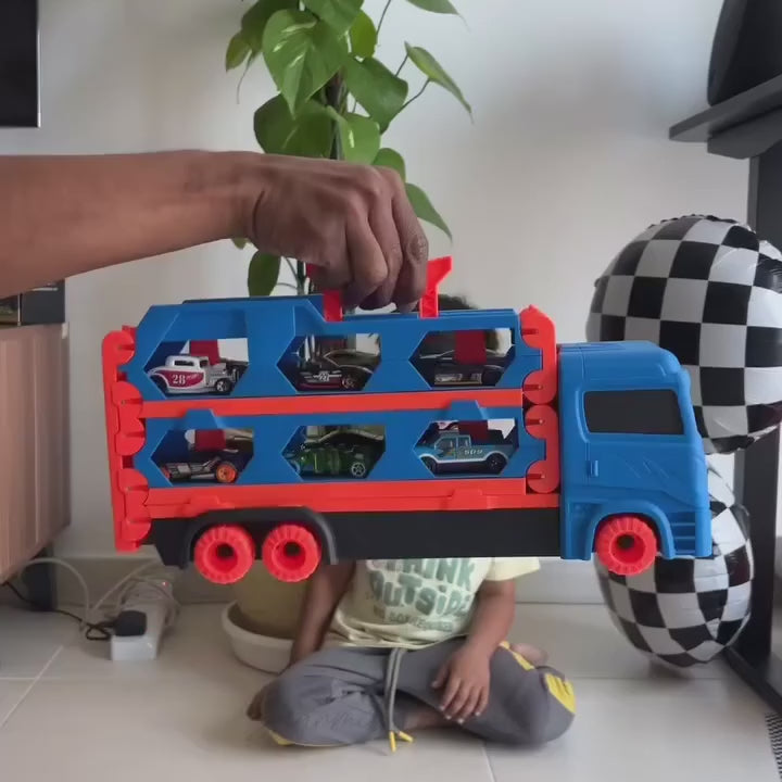 2-in-1 Foldable Dinosaur Truck With 2Pcs Cars and Racing Track