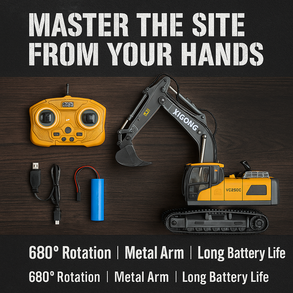 RC excavator toy digging sand action